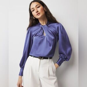 White House Black Market WHBM Purple Long Sleeve Twisted Neck Satin Blouse 2